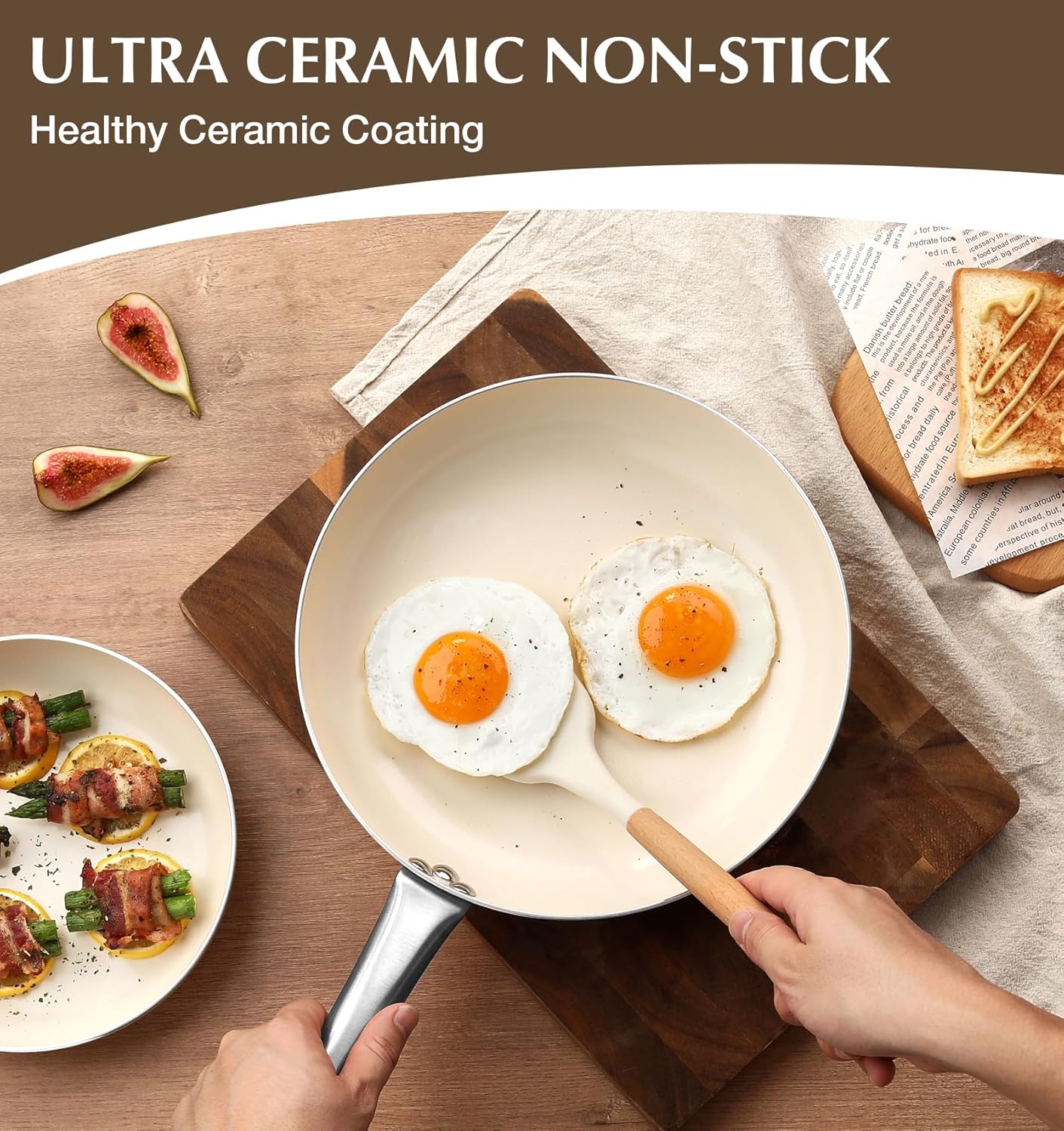 KOCH SYSTEME CS Nonstick Frying Pan with Lid, 8 Inch Non-Stick Skillet with Stay-Cool Stainless Steel Handle, Omelet Pan with Nonstick Ceramic Coating, PFOA Free, Oven Safe, Cream White