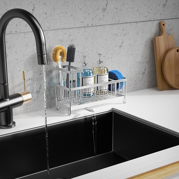 Moforoco Larger Version Sponge Holder for Kitchen Sink, Sink Caddy with High Brush Holder, Kitchen Sink Organizer Countertop Rustproof 304 Stainless Steel (Stainless Steel)