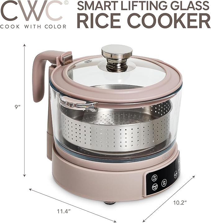 COOK WITH COLOR 3L Glass Low Carb Rice Cooker - Makes 6 Cups Low Sugar Rice with Auto Lift Filter Basket, Hotpot & Steamer for Rice, Grains and Oats, Digital Panel with Keep Warm Function, Greige