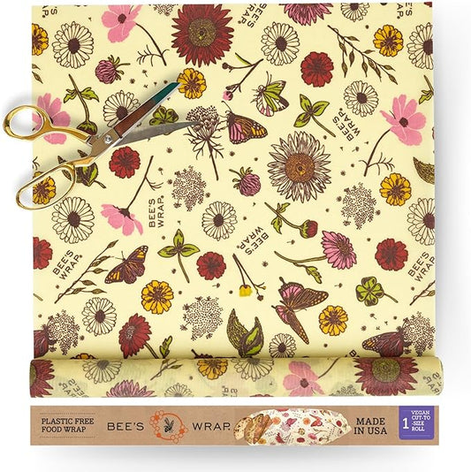 Bee's Wrap Vegan Beeswax Wraps for Food - Meadow Magic Cut to Size 14x52" Wax Paper Roll, Made in USA Reusable Waxed Paper & Bowl Covers, Organic Eco-Friendly Alternative to Aluminum Foil Plastic Wrap