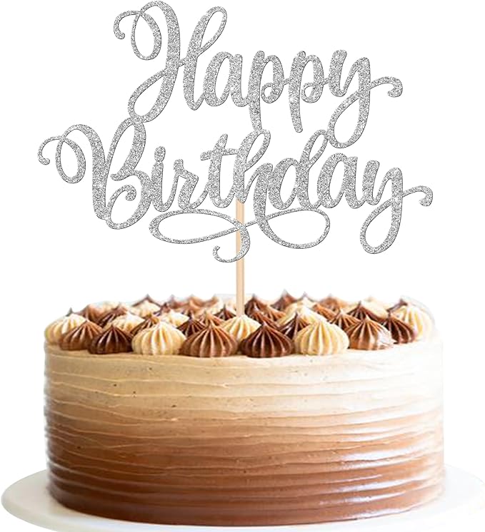 ZHUOWEISM 1 PCS Happy Birthday Cake Topper Glitter Happy Birthday Cake Pick for Celebrating Happy Birthday Anniversary Party Cake Decorations Supplies Silver
