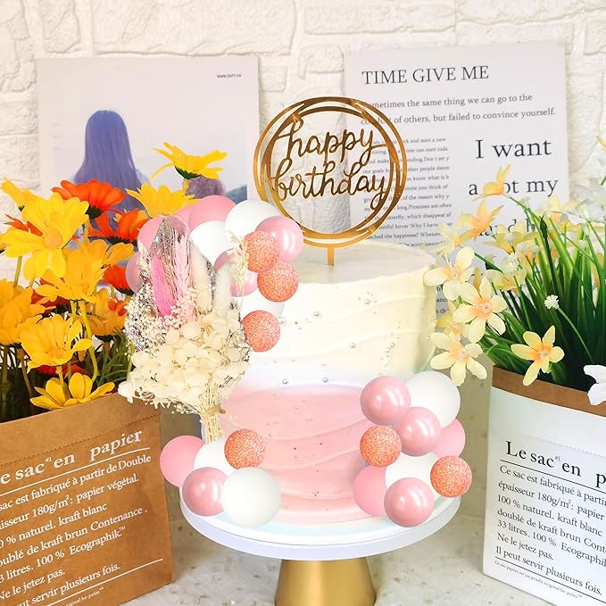 Gyufise 21 Pack Flower Boho Cake Topper Ball Cake Decorations Palm Leaves Plants Cake Decor for Girl Bohemian Princess Theme Wedding Baby Shower Birthday Party Supplies Pink White