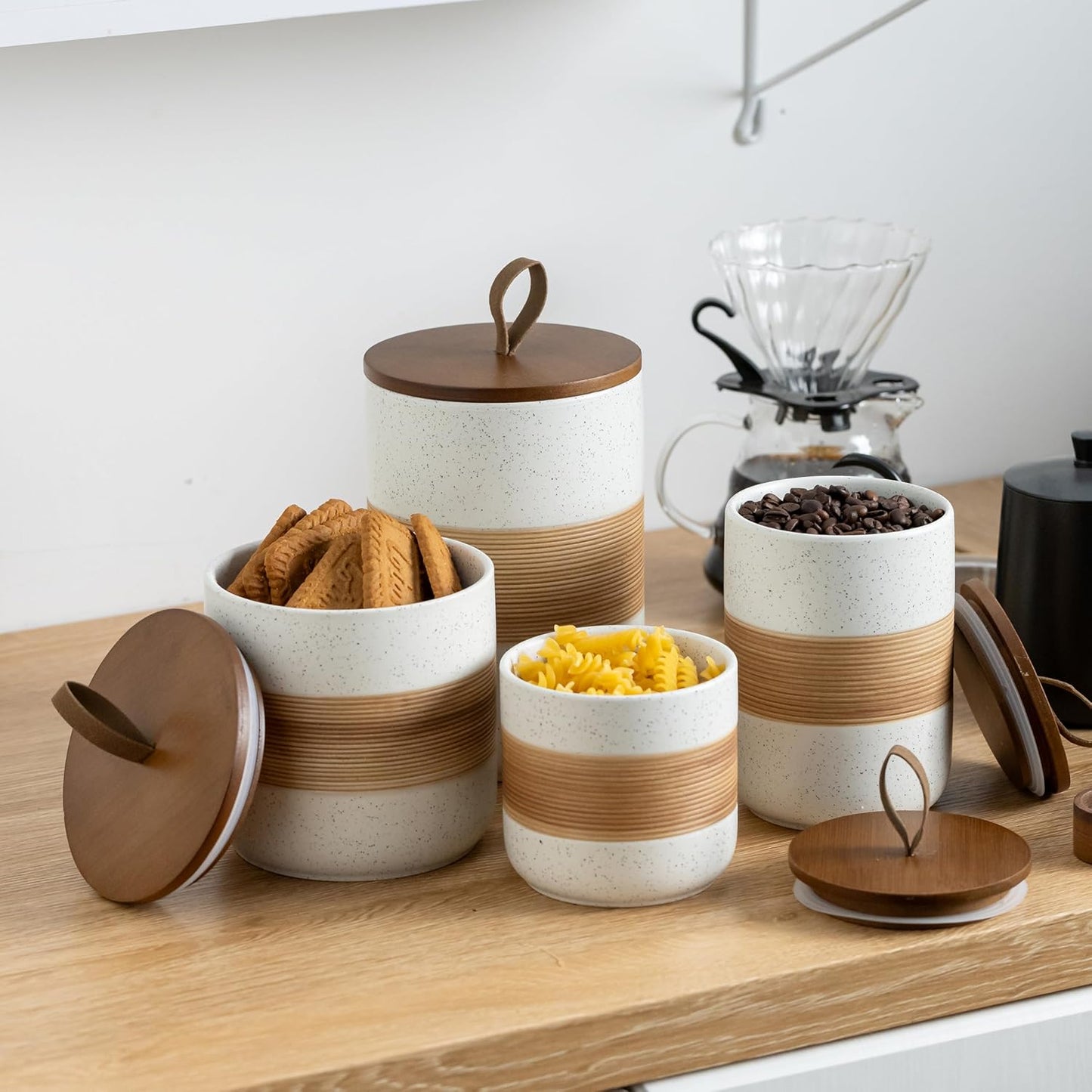 Large Storage Containers with Lids, Ceramic Coffee Container Kitchen Food Storage Jars for Spice Sugar Tea Bag, Stackable Decorative Jars for Counter, White & 61oz