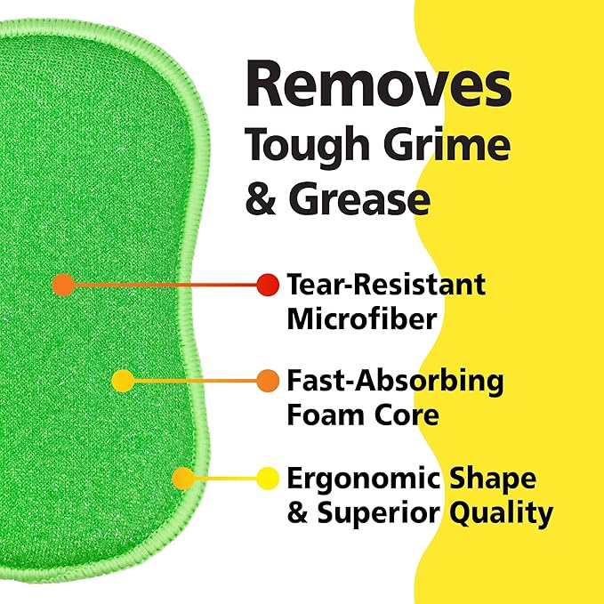 Tub-N-Tile by Tuff-Scrub, Large, 6-Pack, Microfiber, Scrub-N-Wipe Pad, Multi-Surface, Non-Scratch, Dual-Sided, Scrubber for Tubs, Tiles, Sinks – Machine Washable, Durable Kitchen Sponge