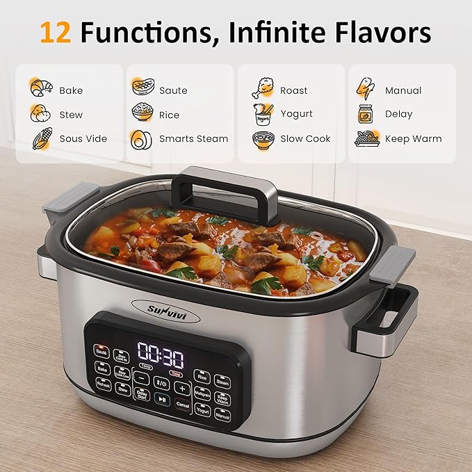 Sunvivi 12-in-1 Multi Slow Cooker Roaster Oven, 6.5QT Sliver Digital Programmable Slow Cooker with Rack, Large Removable Nonstick Crock, Glass Lid, Multicooker with Timer Temp Control, Delay Start