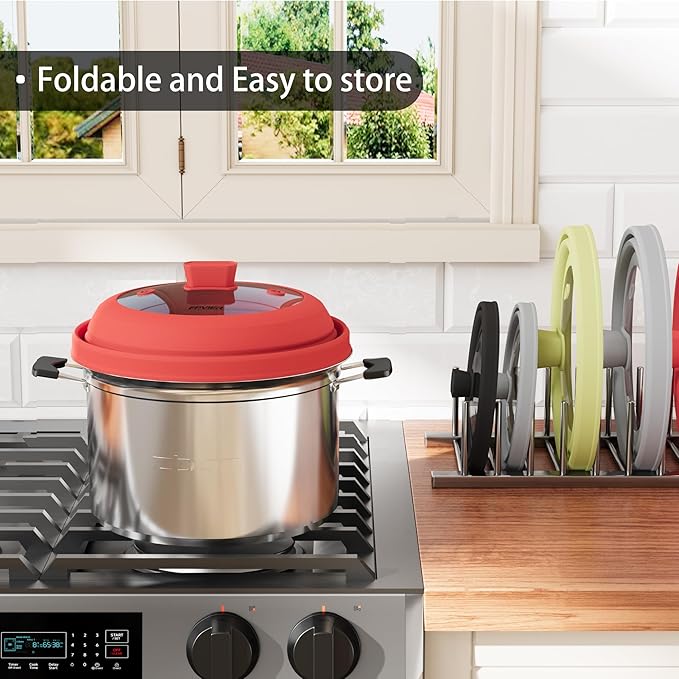 Microwave Splatter Cover, Vented Silicone and Glass Cover Splatter Guard Lid, Food Collapsible Plate Cover Lid with Easy Grip Handle. (Red, 9 inch)