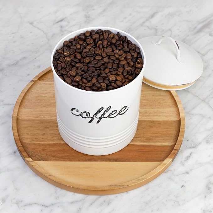 AuldHome Design Enamelware White Coffee Canister; Rustic Distressed Style Tea Storage for Kitchen