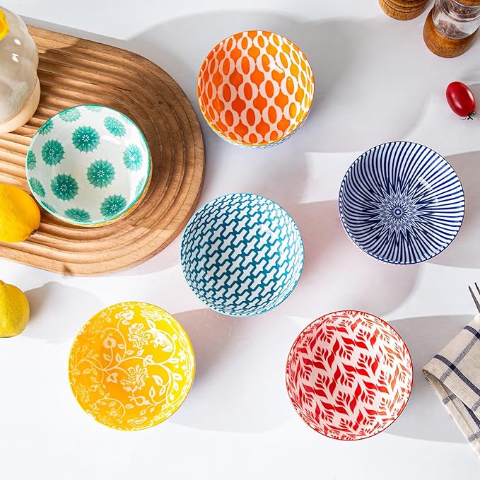 Ceramic Dessert Bowls Set - 11 Oz Porcelain Ice Cream Bowl for kitchen - 4.7 Inch Small Cereal Bowl for Salad, Fruits, Ramen - Microwave Dishwasher Safe - Set of 6 - Assorted Colors