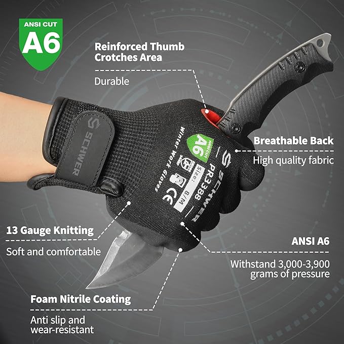 FreezeGuard Winter Work Gloves for Men and Women, ANSI A6 Cut Resistant Gloves With Super Grip, Freezer Glove for Work, Touchscreen, Thermal Insulated, Non PFAS, PR3388, Black Knight (L, 2 Pairs)