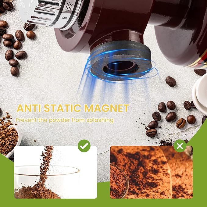 Burr Coffee Grinder - Electric Espresso Grinder for Home & Commercial Use, Silent, Adjustable Grind, With Hopper, Brush, Spoon, Red