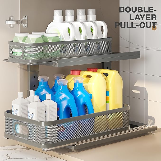2 Pack 18.5IN-Depth Under Sink Organizer With Next-Gen Ball-Bearing Slides,2-Tier Precision Mesh Pull Out Cabinet Storage for Bathroom&Kitchen,Height Adjustable Drawers Shelf,Anti-rust-Grey