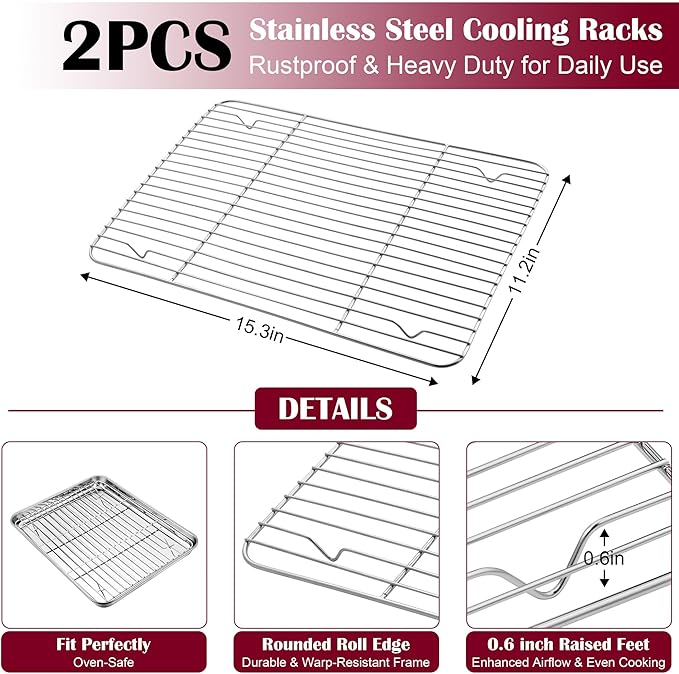 E-far Baking Sheet with Wire Rack (2 Pans + 2 Racks), Stainless Steel Cookie Sheets Pan & Cooling Rack for Baking Cookies/Jelly Rolls, Non Toxic & Heavy Duty, Oven & Dishwasher Safe, 16 x 12 x 1 Inch