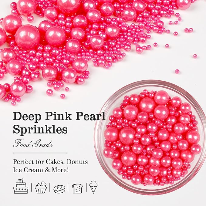 Deep Pink Pearl Sprinkles, Edible Candy Sugar Pearls, 150g/5.29oz, Pink Sprinkles for Cake Decorating, Baking Cake Decorations, Ice Cream Toppers, Cupcakes, Wedding Party Chirstmas Supplies