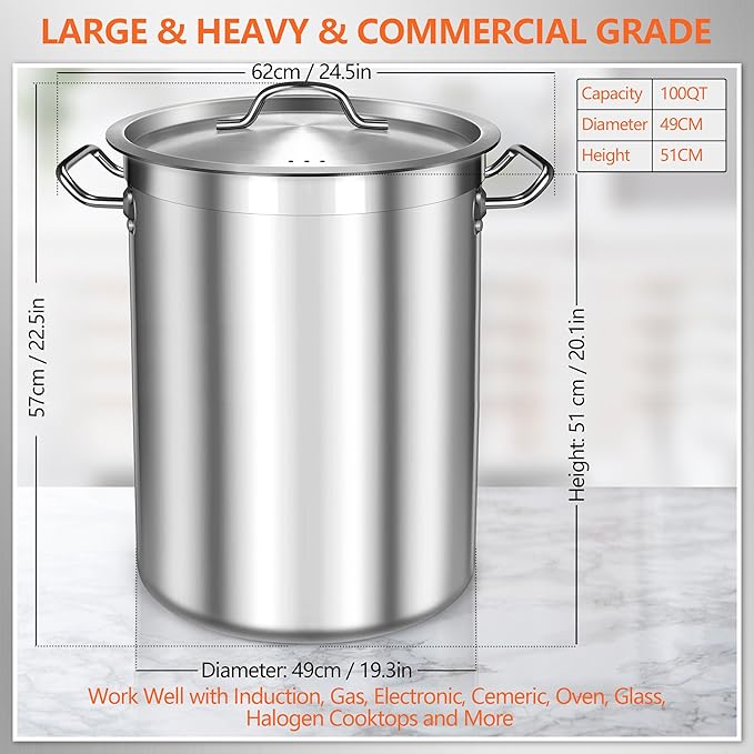 100 Quart Stainless Steel Stock Pot with Lid – Giant Heavy Duty Cooking Pot for Soup, Stew, Crawfish – Commercial Grade, Induction Compatible – Ideal for Catering & Bulk Cooking