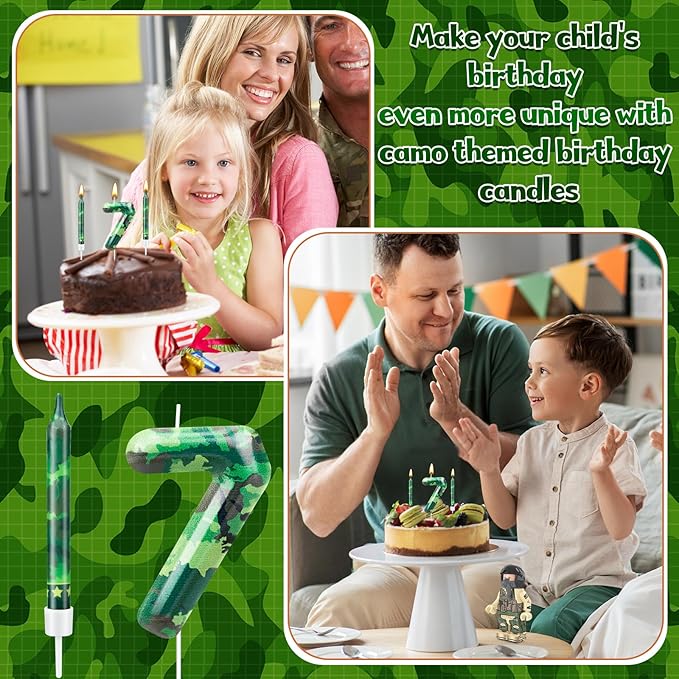 13 Pcs Camo Themed Birthday Candles 12 Army Themed Birthday Cake Candles and Number 7 Candle Cake Topper for Birthday Party Camouflage Motif Party Hunting Themed Party Decoration Supplies (Number 7)