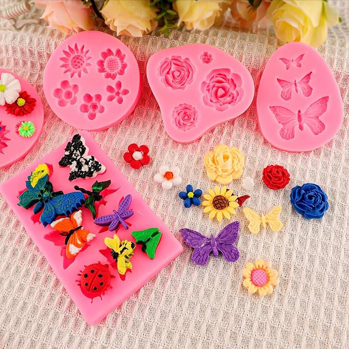 Silicone Mold Flower 8pcs Chocolate Fondant Polymer Clay Candy Gummy Mold,Rose Leaf Butterfly Bee Honey Shaped Silicone Molds for DIY Cake Cupcake Decor Craft