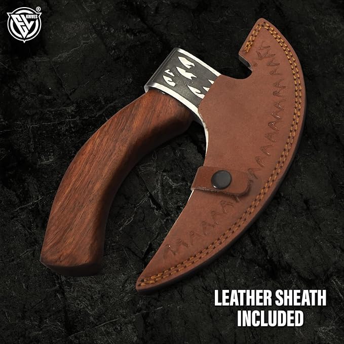 Edgelandknives® Multipurpose Viking Pizza Axe with Sheath, Viking Butcher Axe, Viking Pizza Cutter Axe - Rosewood Handle & Engraved Head - Perfect for Cutting Pizza, Meat, Vegetables