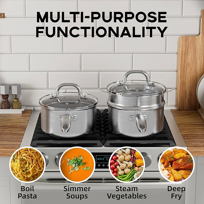 Leetaltree 3.5 Quart Stainless Steel Saucepan with Steamer Basket, Tri-ply Construction, Versatile Sauce Pan with Double-sized Drainage Lid - Perfect for Cooking Gravies, Pasta, Vegetable and More