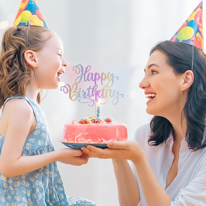 Happy Birthday Cake Toppers 9 Inch Glitter Happy Birthday Cake Pick for Birthday Anniversary Theme Party Cake Decorations Supplies - Colorful