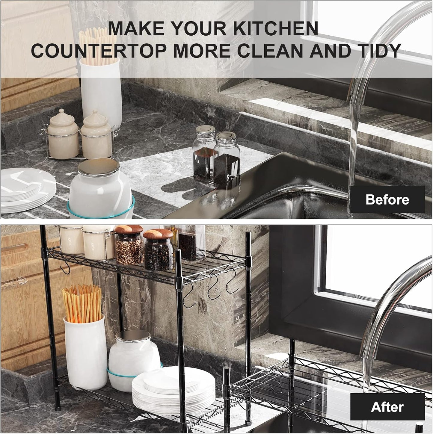 Spice Rack Organizer, Carbon Steel Seasoning Rack 2-Tier Spice Organizer for Cabinet, Adjustable Kitchen Countertop Organizer with Shelf Liner and Hooks for Kitchen Pantry Bathroom Office, Black