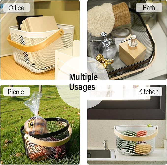 Metal Mesh Steel Basket, Garden Harvest Basket for Gathering Vegetables Round Wire Basket with Handle Storage Organizer Multi-functional Hanging Fruit Basket for Kitchen Bathroom Picnic