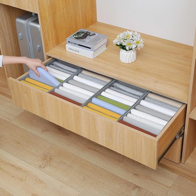 Qozary 4 Pack Drawer Organizers for Clothing, 8 Grids Foldable Closet Organizers and Storage Bins for Bedroom, Dresser Organizer Boxes for Thin T-shirts, Tank Tops