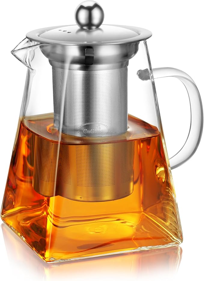 CNGLASS Glass Teapot with Infuser,31oz Clear Glass Tea Kettle with Removable Stainless Steel Strainer,Stovetop Safe Glass Teapot for Blooming and Loose Leaf Tea…