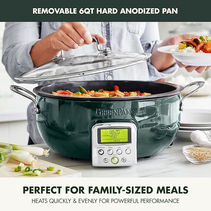 GreenPan Elite Essential Smart Electric 6QT Skillet Pot,Sear Saute Stir-Fry and Cook Rice, Healthy Ceramic Nonstick and Dishwasher Safe Parts, Easy-to-use LED Display, PFAS-Free, Ponderosa Pine