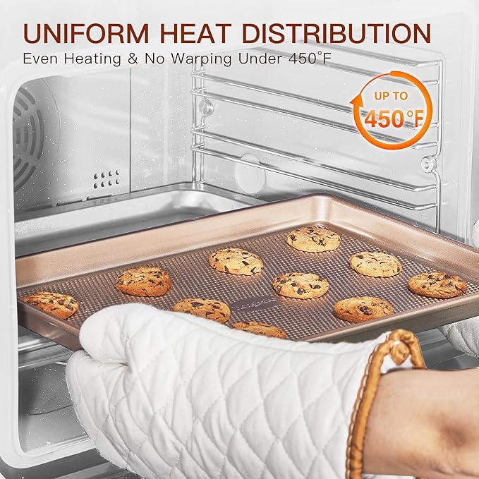 HONGBAKE 3 Pack Gold Nonstick Baking Sheet Pan Set with Oven Mitts Heat Resistant, Non-Toxic Half/Quarter/Jelly Roll Pans with Diamond Texture Pattern, Heavy Duty 0.8mm Thick Cookie Trays for Cooking