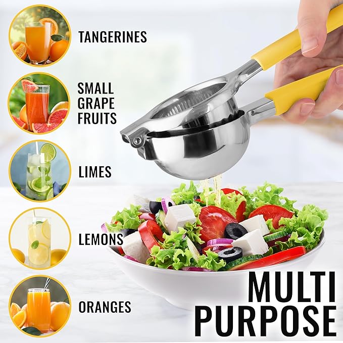 Zulay Lemon Squeezer Stainless Steel with Premium Heavy Duty Solid Metal Squeezer Bowl and Food Grade Silicone Handles - Large Manual Citrus Press Juicer and Lime Squeezer Stainless Steel (Yellow)