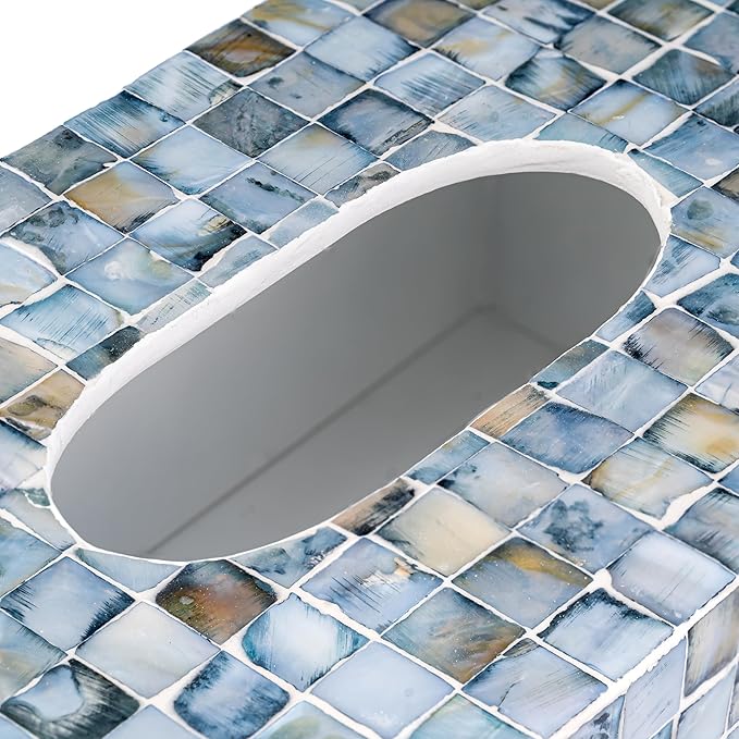 PEMAR Rectangular Mother of Pearl Tissue Box Capiz Shell Handmade Rectangle Tissue Box Cover Holder Decorative Napkin Dispenser Organizer Rustic Farmhouse Vintage Decor (Blue)