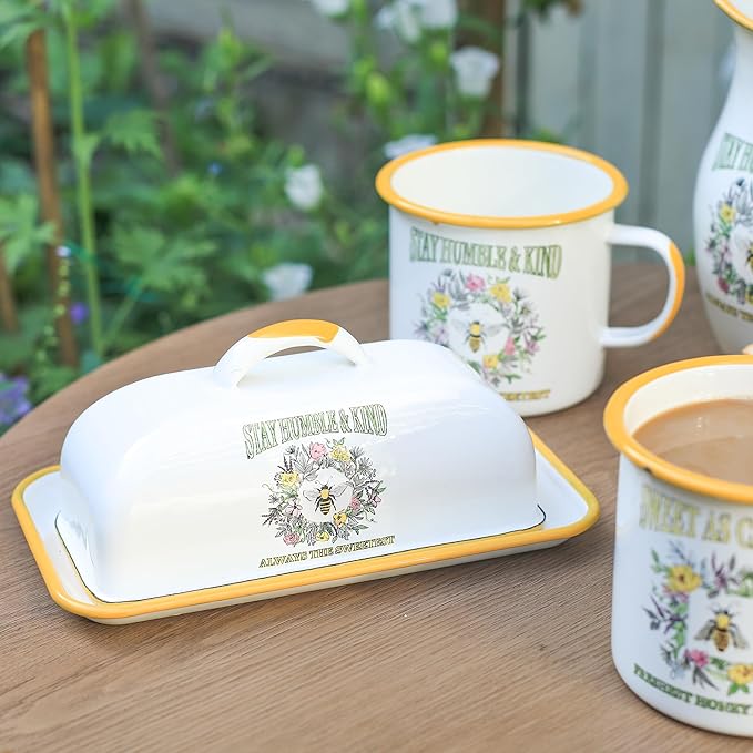 Enamel Butter Dish with Lid Vintage Enamelware Butter Keeper with Flower and Bee Patterns Farmhouse Butter holder Butter container for Kitchen Decor