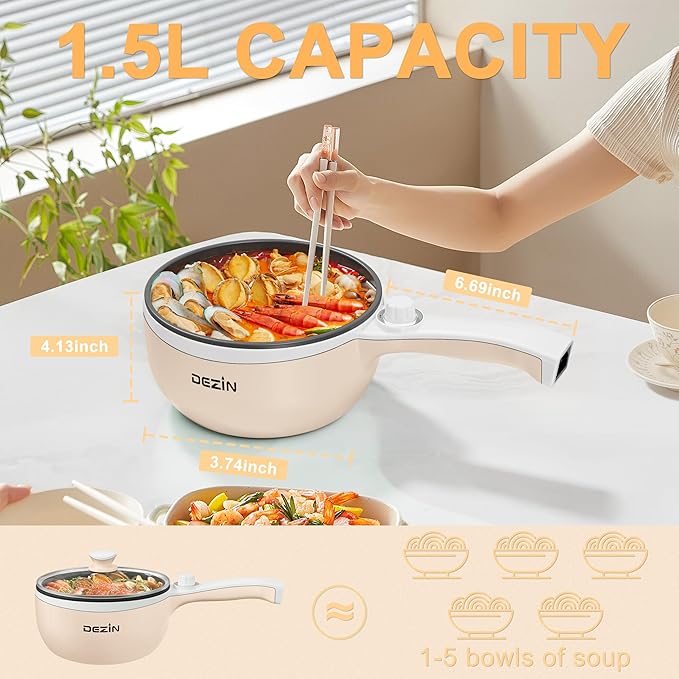 Dezin Hot Pot Electric with Steamer Upgraded, Non-Stick Sauté Pan, Rapid Noodles Electric Pot, 1.5L Mini Pot for Steak, Egg, Fried Rice, Ramen, Oatmeal, Soup with Power Adjustment