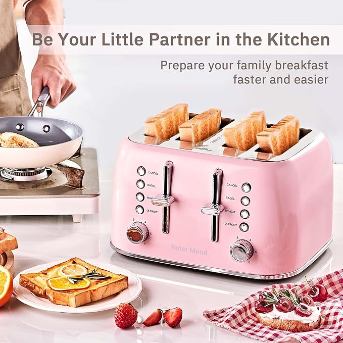 Toaster 4 Slice Retro Stainless Steel with Extra Wide Slots Bagel, Defrost, Reheat Function, Dual Independent Control Panel, Removable Crumb Tray, 6 Browning Levels, Pink