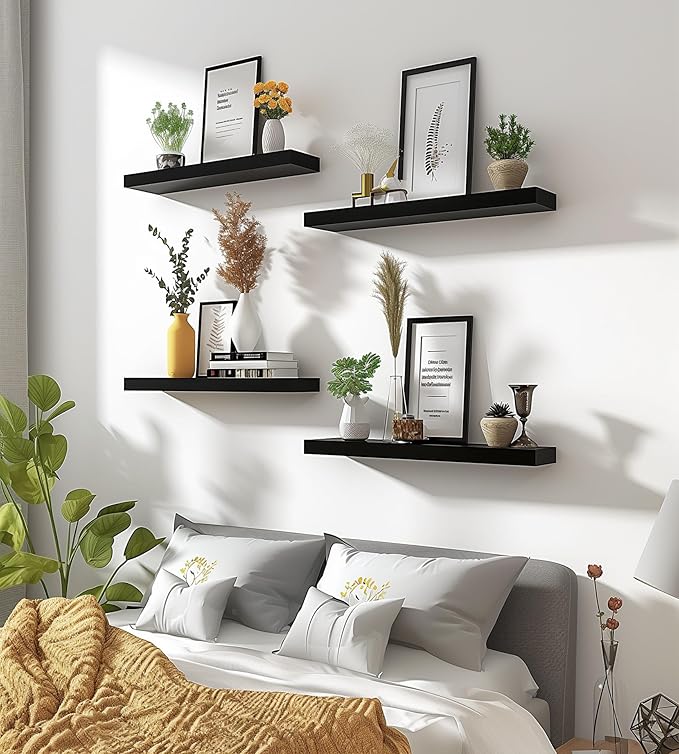Wood Floating Shelves for Wall Decor, Rustic Wall Shelves for Bedroom Bathroom Kitchen Living Room, Set of 6 Black