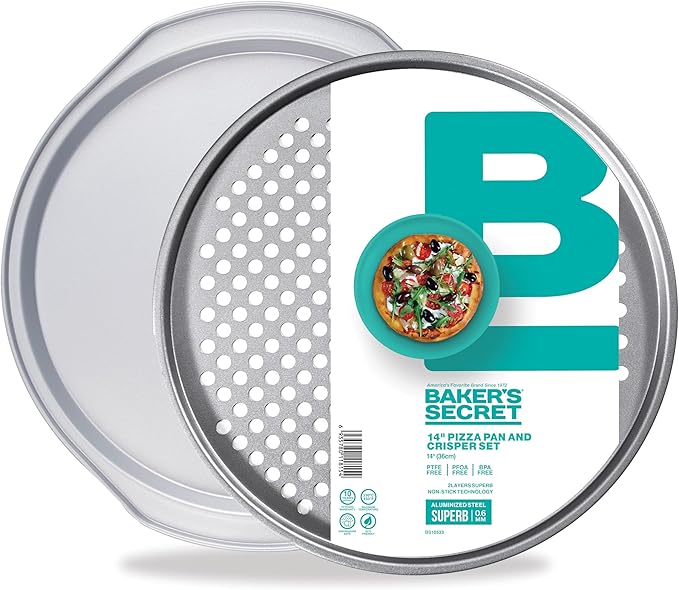 Baker's Secret Pizza Pans for Oven, Aluminized Steel Pizza Baking Pan, 2 Layers Non-stick Coating Easy Release, Dishwasher Safe - The Superb Collection (1x Pizza pan & Crisper set)