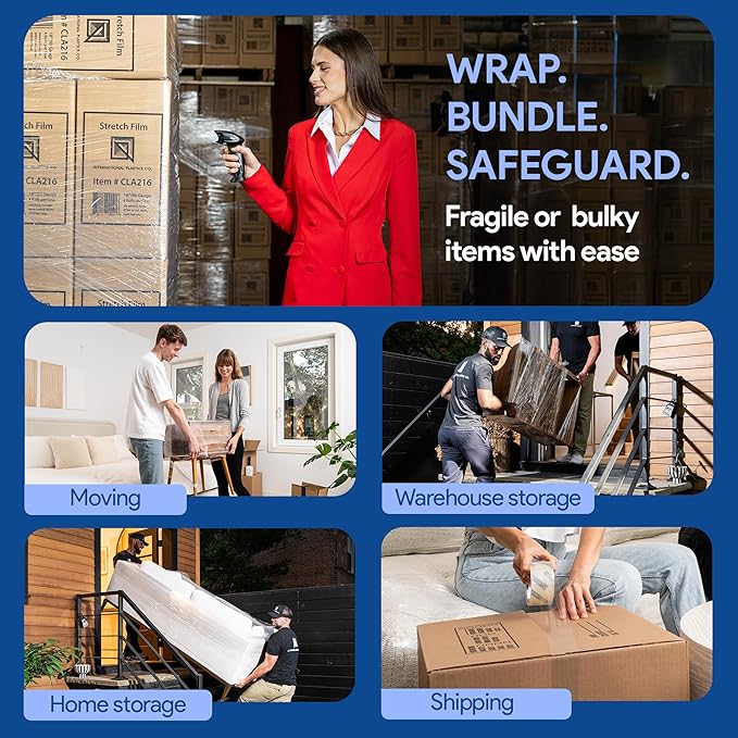 International Plastics Co. 15" Plastic Stretch Film Wrap with Extended Handles 1200ft Each 500% Stretch Clear Cling Durable Adhering Packing Moving Packaging Heavy Duty Shrink