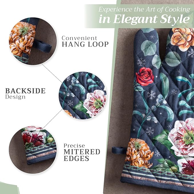 Maison d' Hermine 100% Cotton Oven Mitt & Pot Holder Set (7.5"x13" & 8"x8") Heat Resistant BBQ Cooking Gloves with Loop, Baking, Grilling, Kitchen, Handling Hot Pans (Christmas Joy)