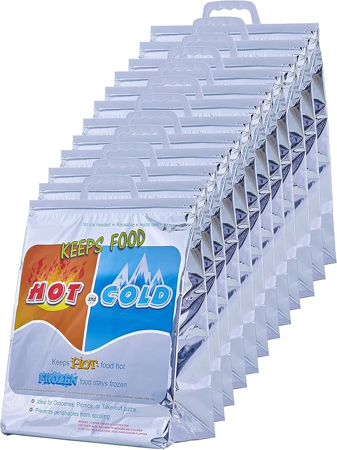 Superio Hot and Cold Stand Up Reusable Insulated Bag- 12 Pack Food Storage for Frozen Items & Hot Items Including Lunch Bags & Grocery Shopping Bags Reinforced Heavy Duty Refrigerated Totes…