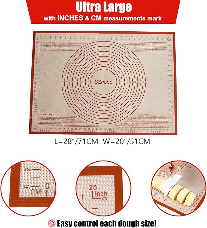 Non-slip Silicone Pastry Mat 28X20 inches Baking Mat with Measurement, Perfect for Dough, Pastry, Pie Crust, Fondant, Cookies, Bread, Pasta, Pizza, Food Grade Kitchen Counter Mats
