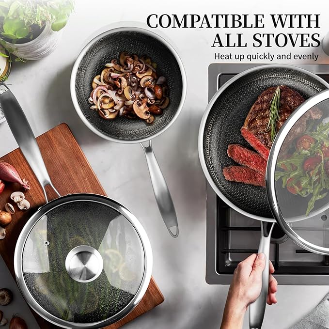 6-Piece Stainless Steel Frying Pan Set with Lids, Honeycomb Nonstick, Induction Compatible, PFOA Free