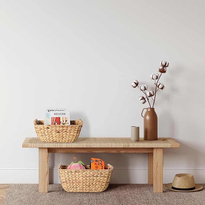 Large Wicker Storage Baskets with Wooden Handles, Woven Water Hyacinth Storage Organizers for Throw Blankets, Bedroom, Living Room, Laundry，2-Pack