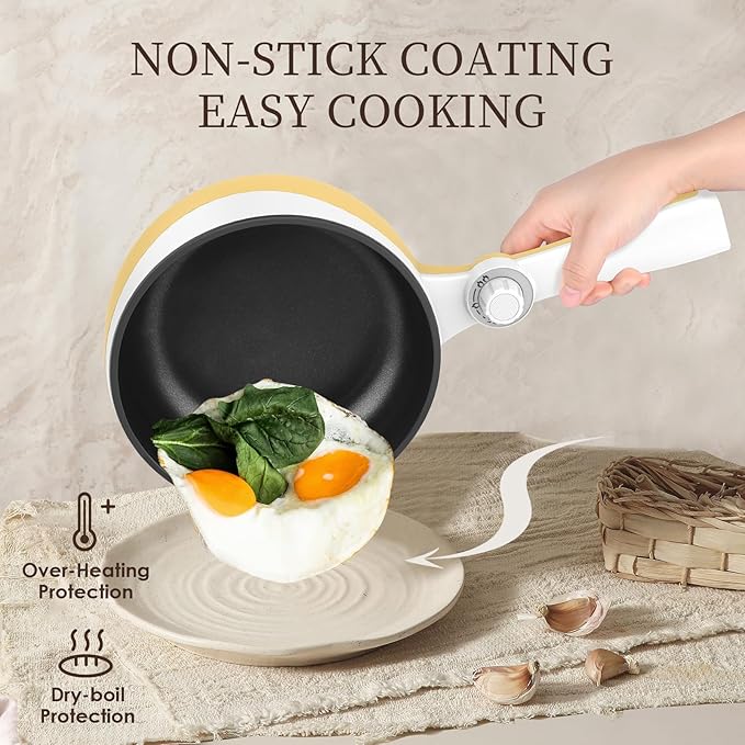 Audecook Hot Pot Electric with Steamer, 1.7L Mini Electric Skillet Portable Nonstick Sauté Pan with Power Adjustment, Rapid Noodles Cooker Travel Multicooker for Steak/Soup/Egg/Oatmeal/Noodles