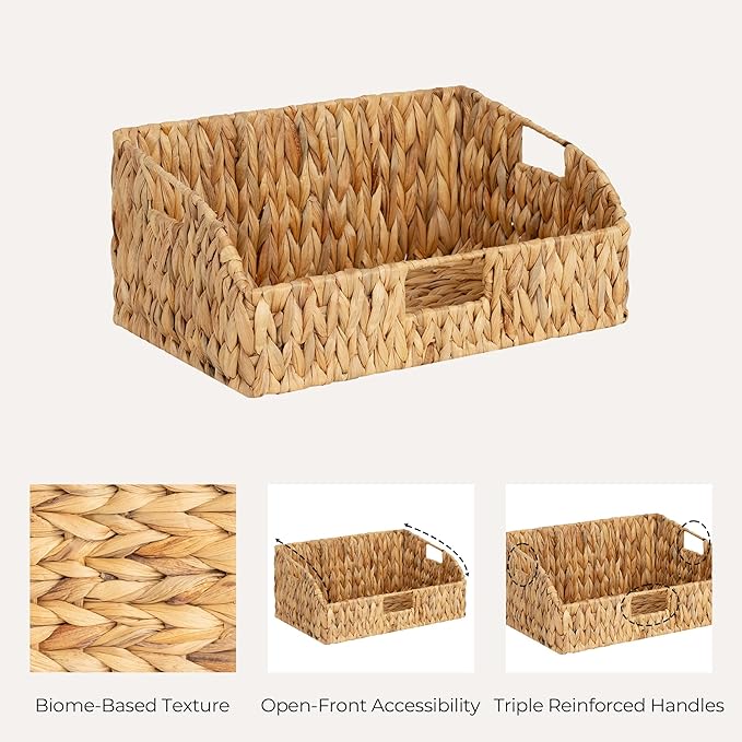 StorageWorks Pantry Baskets for Organizing, Water Hyacinth Baskets for shelves with Built-in Handles, Pantry Organizers and Storage, Set of 2 (Large and Medium)