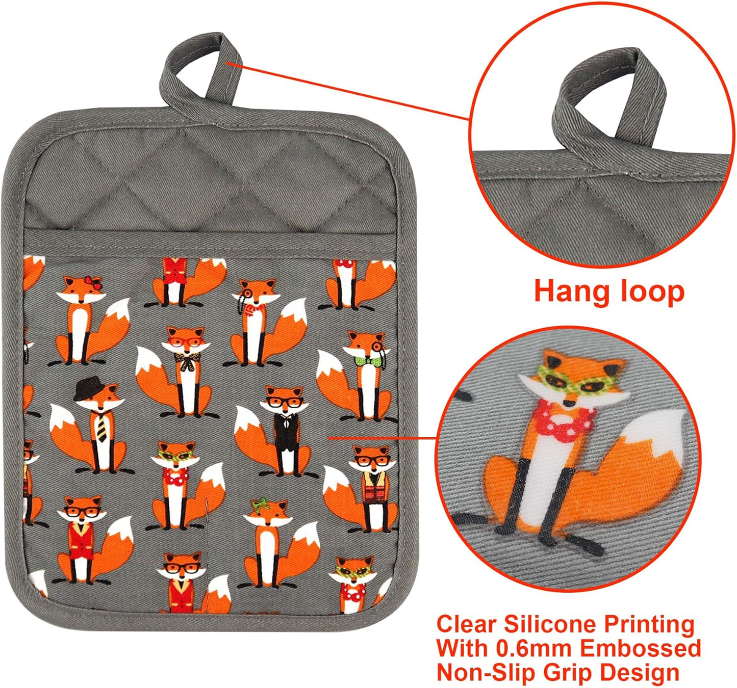 Pot Holders Set of 2 Heat Resistant 480 ℉ Non Slip Clear Silicone Printed Comfortable Cotton Lining Kitchen Women Men Cooking Baking Microwave Machine Washable (Fox, Gray Potholders)