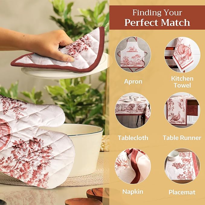 Maison d' Hermine 100% Cotton Oven Mitt & Pot Holder Set (7.5"x13" & 8"x8") Heat Resistant BBQ Cooking Gloves with Loop, Baking, Grilling, Kitchen, Handling Hot Pans (Holy Jouy - Brown)