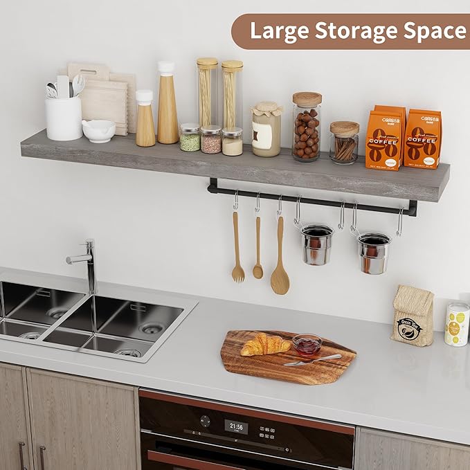 Axeman Floating Shelves for Wall, Rustic Elm Wood 56'' W x 8" D Wall Shelf with Invisible Bracket, Large Long Wall Mounted Storage Shelves for Living Room, Bedroom, Kitchen, Bathroom Decor, Grey