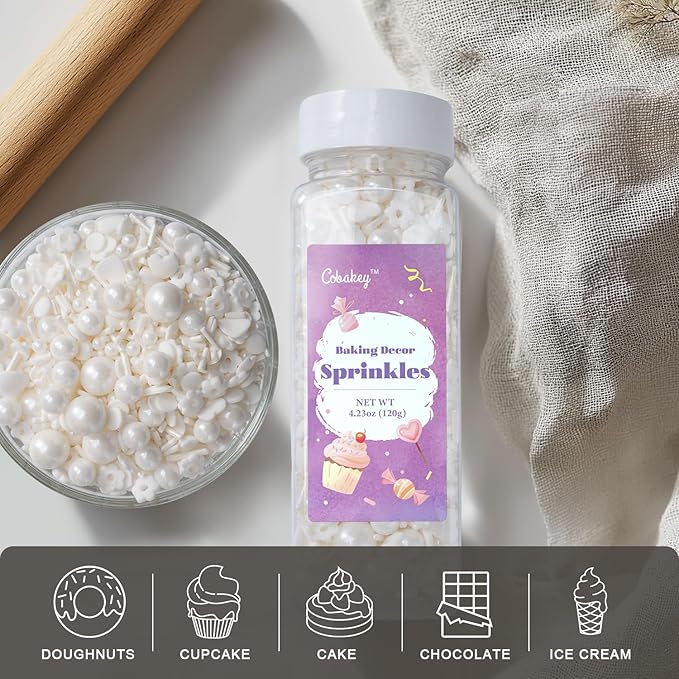 White Lovers Sprinkles for Cake Decorating 4.23ounce - Sugar Mix Contains Heart & Flowers Pearl Sprinkles for Cupcake Toppers, Ice Cream, Candy, Cookie Decorations - Wedding Party Supplies