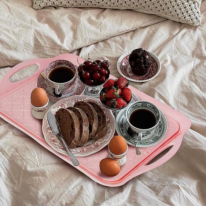 LEHAHA Melamine Serving Tray with Handles, 17.25 x 12 Inch Aesthetic Serving Platters and Trays with Curved Sides, Tray for Lunch, Coffee, or Breakfast, Set of 4, Silicone placemats Included,Pink