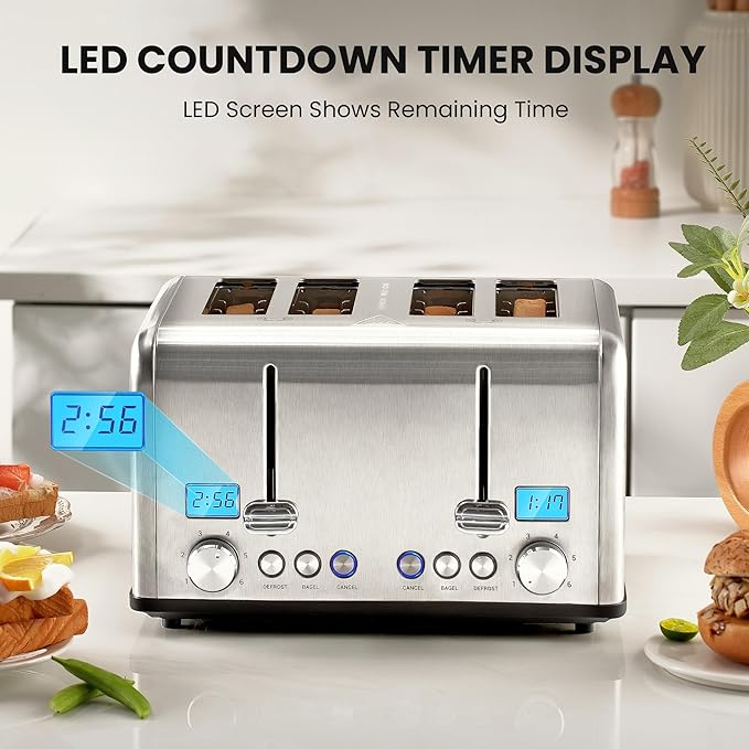 Countdown Stainless Steel 4 Slice Toaster with Bagel, Defrost, Cancel Function, Dual Toaster, Extra Wide Slots, 6 Shade Settings, Removable Crumb Trays, 1650W